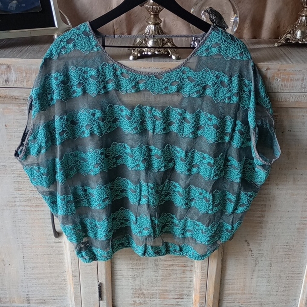 C) Free People Teal and Gray Lace Blouse